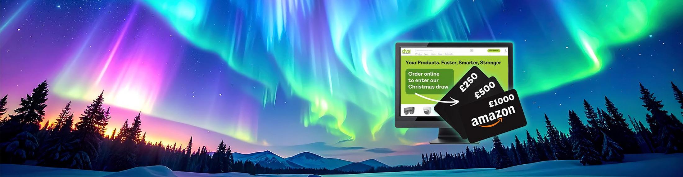 a computer screen with a colorful aurora borealis in the background